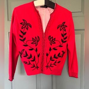 VINTAGE RED BEADED EMBELLISHED CASHMERE SWEATER CARDIGAN STATEMENT PIECE